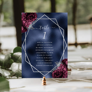Burgundy Floral Silver Frame Navy Foil Hochzeit Tischnummer