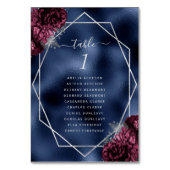 Burgundy Floral Silver Frame Navy Foil Hochzeit Tischnummer (Vorderseite)