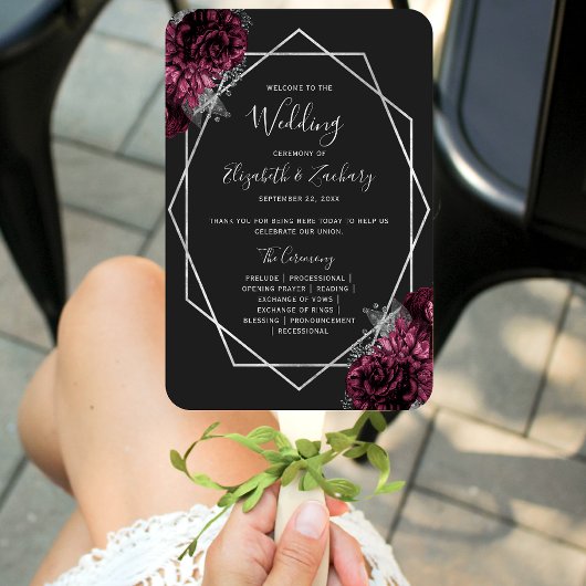 Burgundy Floral Silver Geo Black Wedding Programm Fächer