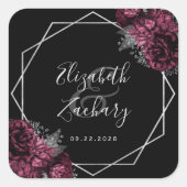 Burgundy Floral Silver Geometric Black Wedding Quadratischer Aufkleber (Vorderseite)