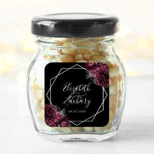 Burgundy Floral Silver Geometric Black Wedding Quadratischer Aufkleber