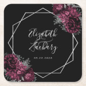 Burgundy Floral Silver Geometric Black Wedding Rechteckiger Pappuntersetzer (Vorderseite)
