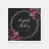 Burgundy Floral Silver Geometric Black Wedding Serviette (Vorderseite)