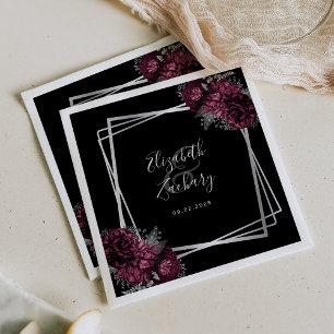 Burgundy Floral Silver Geometric Black Wedding Serviette