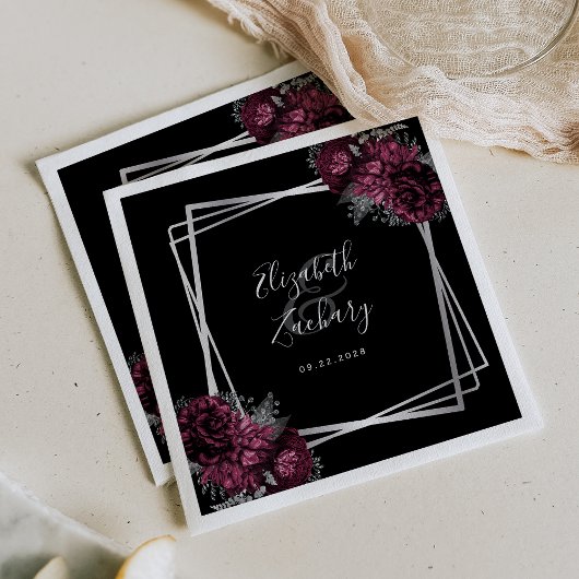 Burgundy Floral Silver Geometric Black Wedding Serviette