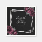 Burgundy Floral Silver Geometric Black Wedding Serviette (Vorderseite)