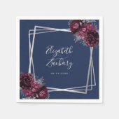 Burgundy Floral Silver Geometric Navy Blue Wedding Serviette (Vorderseite)