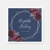 Burgundy Floral Silver Geometric Navy Blue Wedding Serviette (Vorderseite)