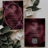 Burgundy Floral Silver Geometric QR Code Wedding Einladung
