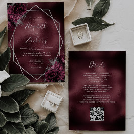Burgundy Floral Silver Geometric QR Code Wedding Einladung
