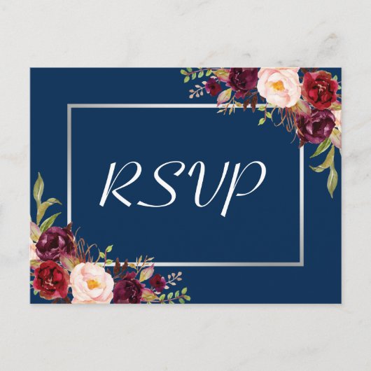 Burgundy Floral Silver Gray Navy Blue Wedding RSVP Einladungspostkarte (Vorderseite)
