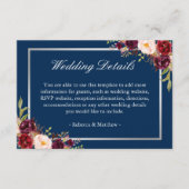 Burgundy Floral Silver Navy Blue Wedding Details Begleitkarte (Vorderseite)