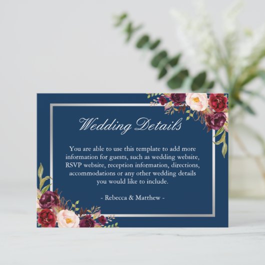 Burgundy Floral Silver Navy Blue Wedding Details Begleitkarte (Stehend Vorderseite)