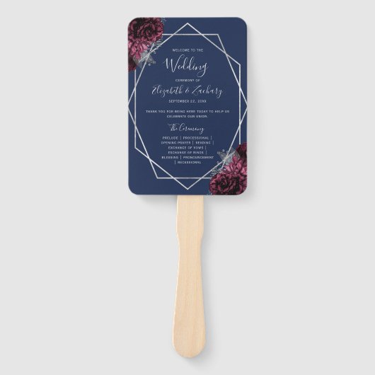 Burgundy Floral Silver Navy Blue Wedding Programm Fächer (Vorderseite)
