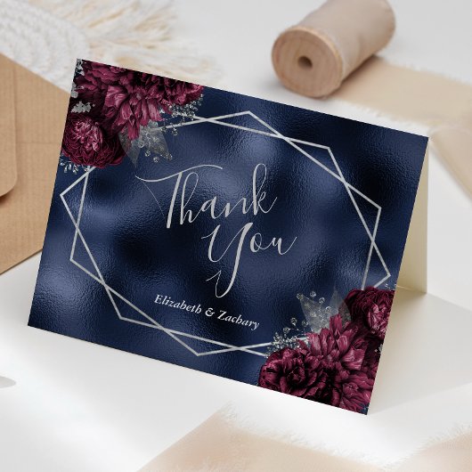 Burgundy Floral Silver Navy Foil Geometric Wedding Dankeskarte