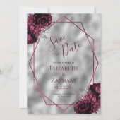 Burgundy Floral Silver Polygonal Save the Date Einladung (Vorderseite)