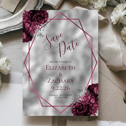 Burgundy Floral Silver Polygonal Save the Date Einladung