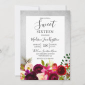 Burgundy Floral Silver Sweet 16 Party Einladungen (Vorderseite)