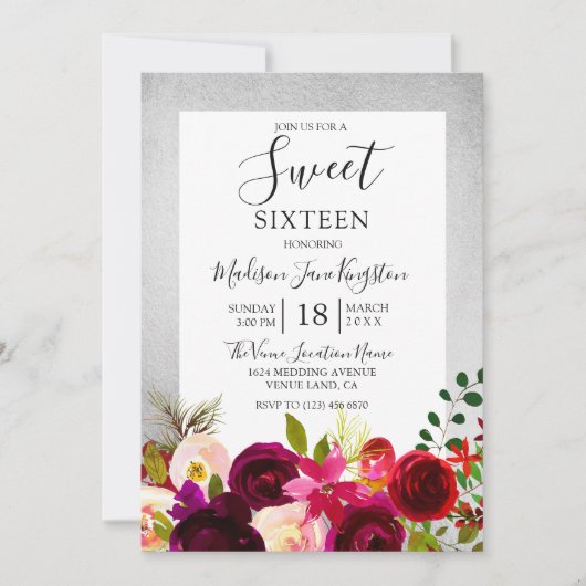 Burgundy Floral Silver Sweet 16 Party Einladungen (Vorderseite)