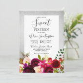 Burgundy Floral Silver Sweet 16 Party Einladungen (Stehend Vorderseite)