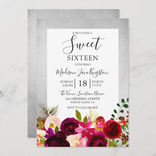 Burgundy Floral Silver Sweet 16 Party Einladungen (Vorne/Hinten)