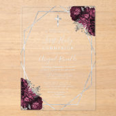 Burgundy Floral Silver Text Erste Heilige Kommune Acryleinladungen (Vorderseite)