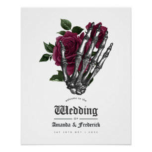 Burgundy Floral Skeleton Gothic Wedding Willkommen Poster