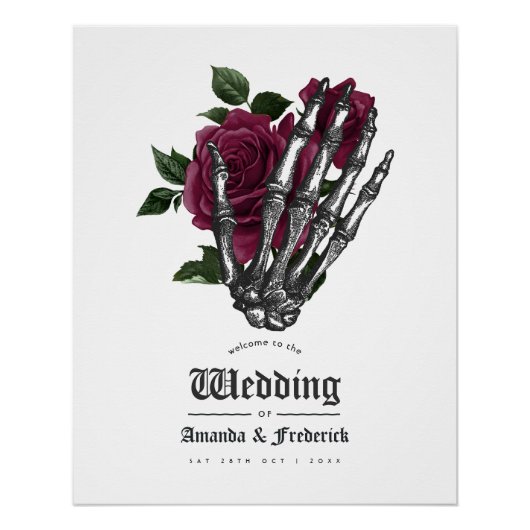 Burgundy Floral Skeleton Gothic Wedding Willkommen Poster (Vorderseite)