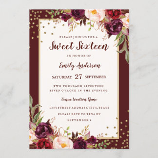 Burgundy Floral Sparkle 16 . Geburtstag Einladung