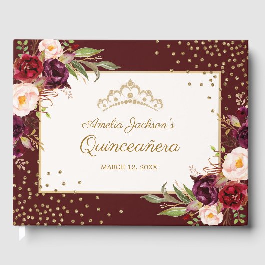 Burgundy floral Sparkle Quinceanera Gästebuch (Vorderseite)