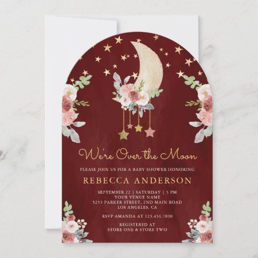 Burgundy Floral Stars Moon Arch Red Baby Dusche Einladung (Vorderseite)