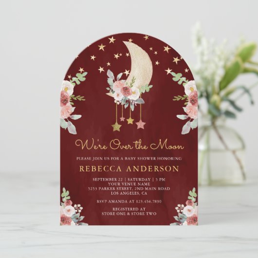 Burgundy Floral Stars Moon Arch Red Baby Dusche Einladung (Stehend Vorderseite)