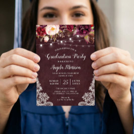 Burgundy Floral String Light Lace Graduation Party Einladung