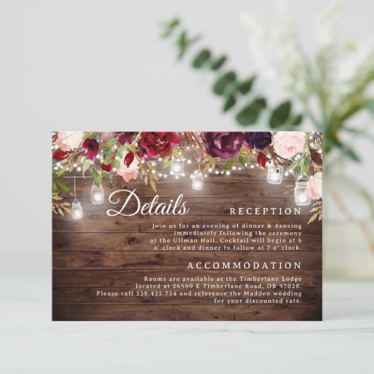 Burgundy Floral String Lights Wedding Details Card Einladung (Stehend Vorderseite)
