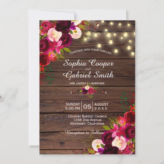 Burgundy Floral | String Lights Wood Wedding Einladung (Vorderseite)