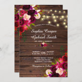 Burgundy Floral | String Lights Wood Wedding Einladung (Vorne/Hinten)