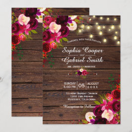 Burgundy Floral | String Lights Wood Wedding Einladung