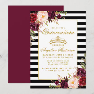 Burgundy Floral Stripes Quinceanera Goldkrone Einladung
