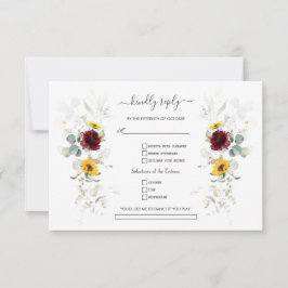Burgundy Floral Sunflowers Airy Leaves Wedding    RSVP Karte