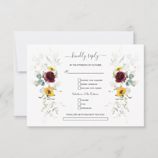 Burgundy Floral Sunflowers Airy Leaves Wedding RSVP Karte (Vorderseite)
