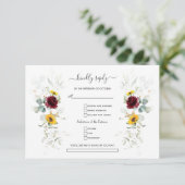 Burgundy Floral Sunflowers Airy Leaves Wedding RSVP Karte (Stehend Vorderseite)