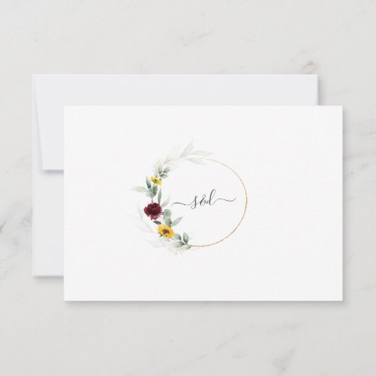 Burgundy Floral Sunflowers Airy Leaves Wedding RSVP Karte (Rückseite)