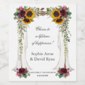 Burgundy Floral Sunflowers Canopy Wedding Weinetikett (Einzelnes Label)