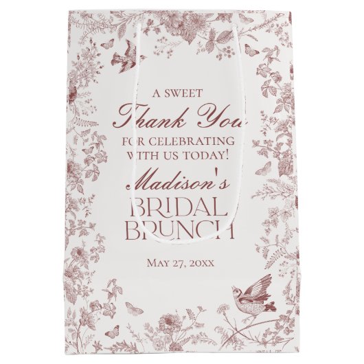 Burgundy Floral Toile De Jouy Bridal Brunch Favori Mittlere Geschenktüte (Rückseite)