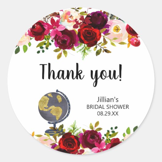 Burgundy Floral Travel Brautparty vielen Dank Runder Aufkleber (Vorderseite)