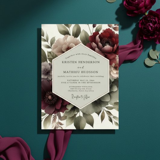 Burgundy Floral Twilight Wedding Einladung