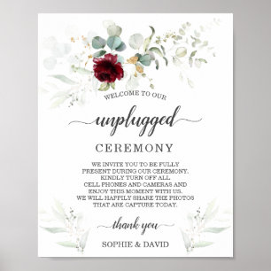 Burgundy Floral Unplugged Wedding Zeremony Sign Poster