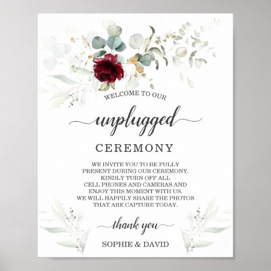 Burgundy Floral Unplugged Wedding Zeremony Sign Poster (Vorne)