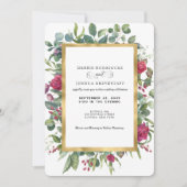 Burgundy Floral w/Gold Frame Wedding Invitation  Einladung (Vorderseite)