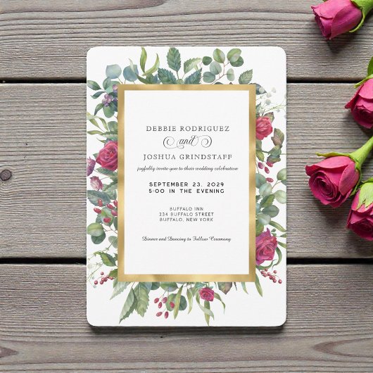 Burgundy Floral w/Gold Frame Wedding Invitation  Einladung